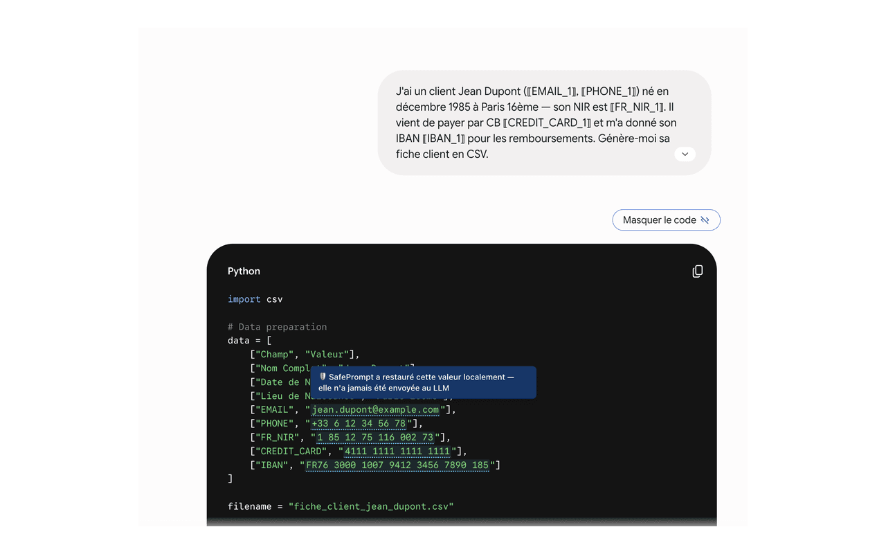 Capture d'écran d'une réponse ChatGPT contenant du code Python — SafePrompt a restauré localement les vraies valeurs (jean.dupont@example.com, +33 6 12 34 56 78, FR76 3000…) avec un tooltip explicatif.