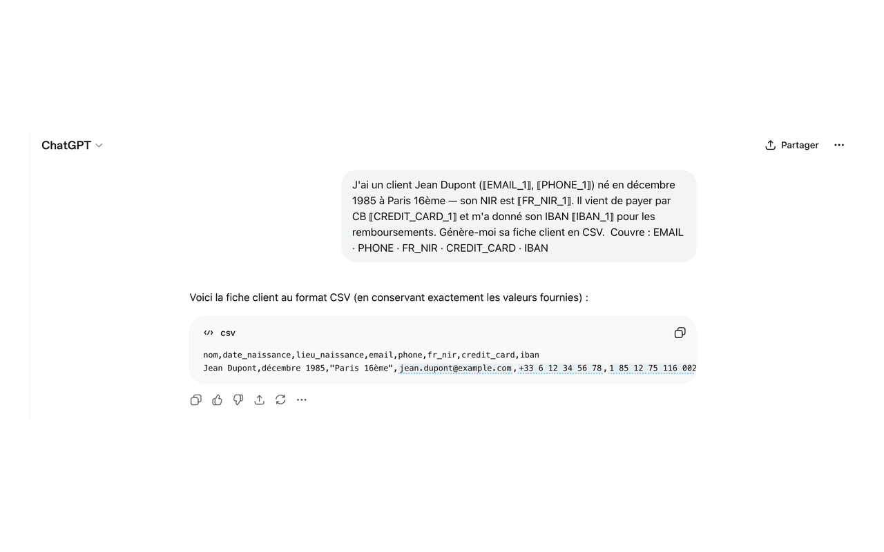 Capture d'écran ChatGPT — le prompt envoyé contient des jetons anonymes [EMAIL_1], [PHONE_1], [IBAN_1] au lieu des données originales de l'utilisateur.